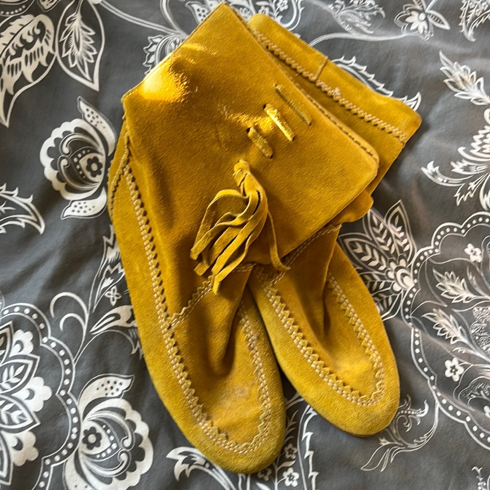 Mustard yellow suede moccasin booties